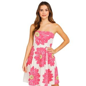 Lilly Pulitzer Angelette Flower Daisy Strapless Dress in white and pink Cotton